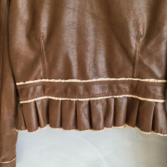 Y2K Luii Brown Faux Vegan Leather Ruffle Blazer Jacket. Sz L Crop Cinch Waist - Picture 4 of 11